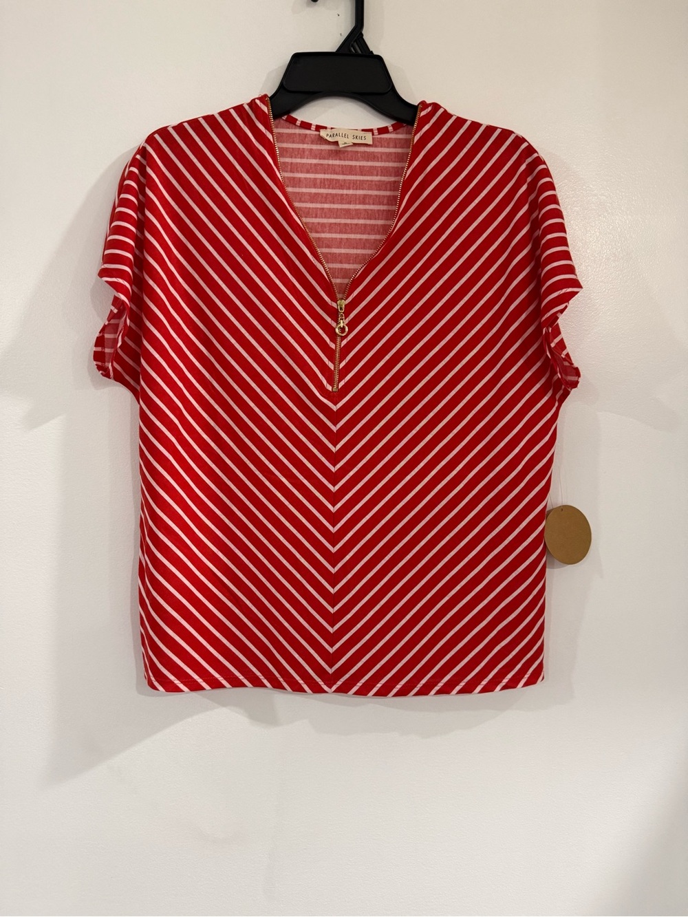 Charlie Paige Red & White Diagonal Stripe V-Neck Zip Top